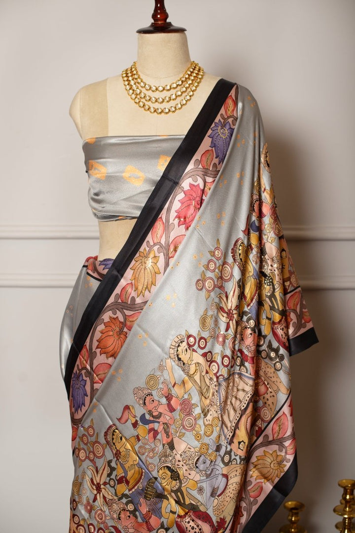 SOOT RAAG GREY MINIATURE FOIL PRINT SATIN SAREE WITH SATIN BLOUSE - Pomcha Jaipur