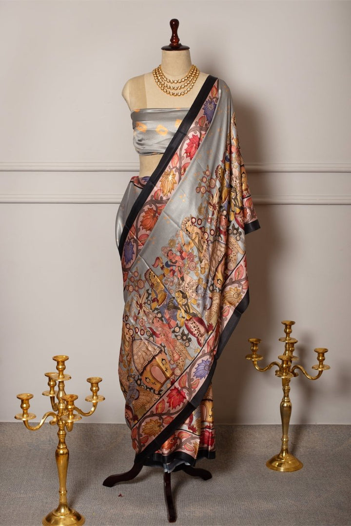 SOOT RAAG GREY MINIATURE FOIL PRINT SATIN SAREE WITH SATIN BLOUSE - Pomcha Jaipur
