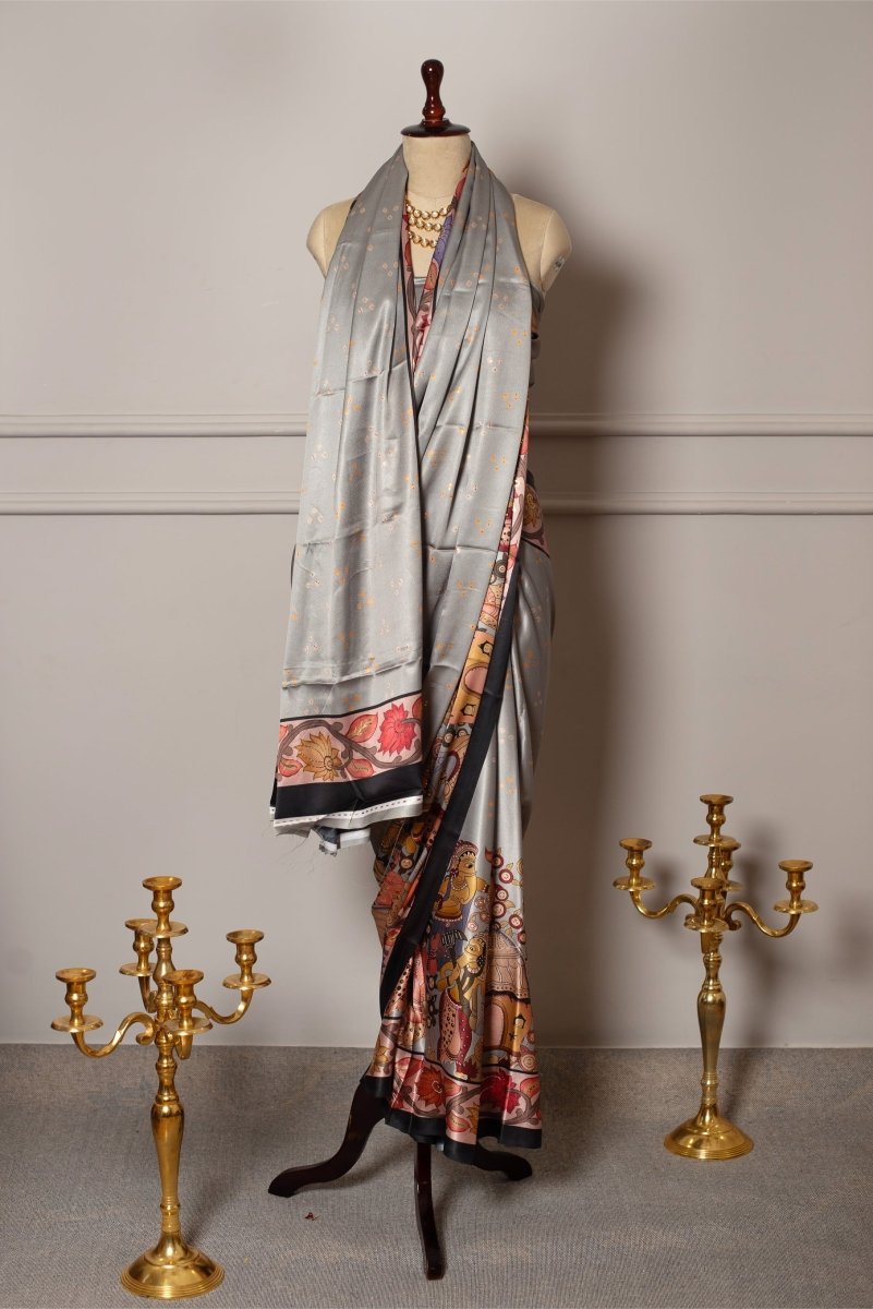 SOOT RAAG GREY MINIATURE FOIL PRINT SATIN SAREE WITH SATIN BLOUSE - Pomcha Jaipur