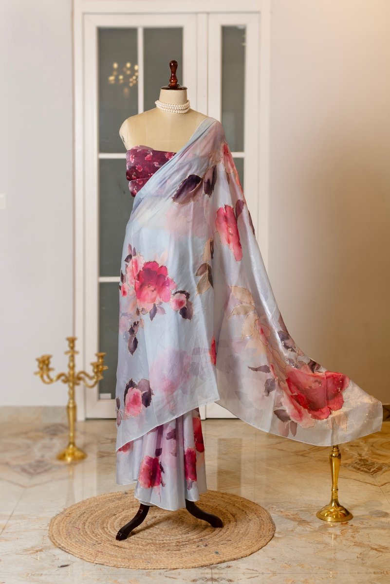 SOOT RAAG GREY PAINTED GARDEN ORGANZA SAREE WITH BLOUSE PIECE - Pomcha Jaipur