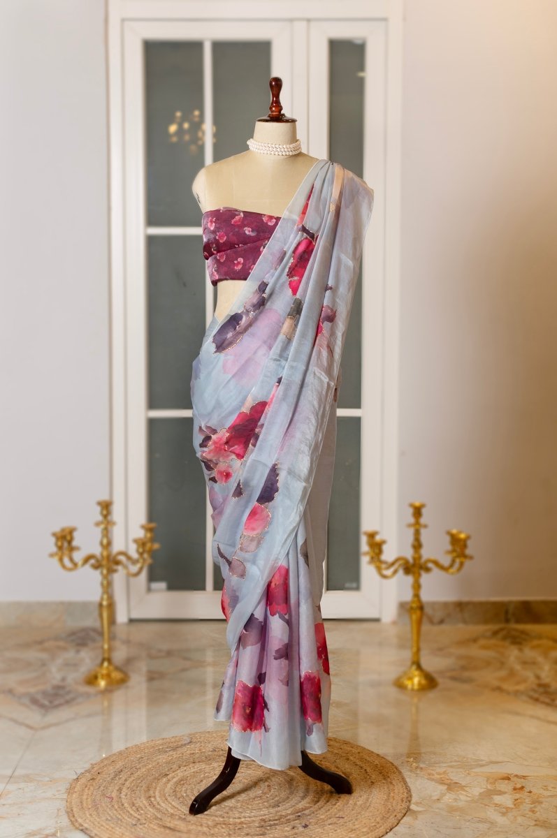 SOOT RAAG GREY PAINTED GARDEN ORGANZA SAREE WITH BLOUSE PIECE - Pomcha Jaipur