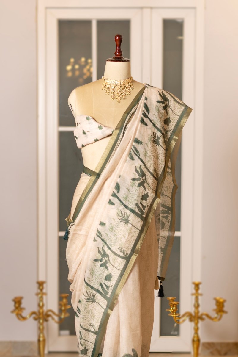 SOOT RAAG IVORY PALM LINEN SAREE WITH COTTON BLOUSE PIECE - Pomcha Jaipur