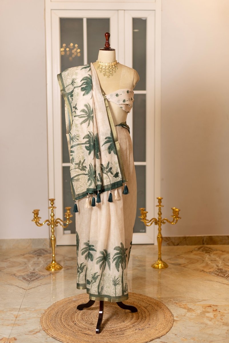 SOOT RAAG IVORY PALM LINEN SAREE WITH COTTON BLOUSE PIECE - Pomcha Jaipur