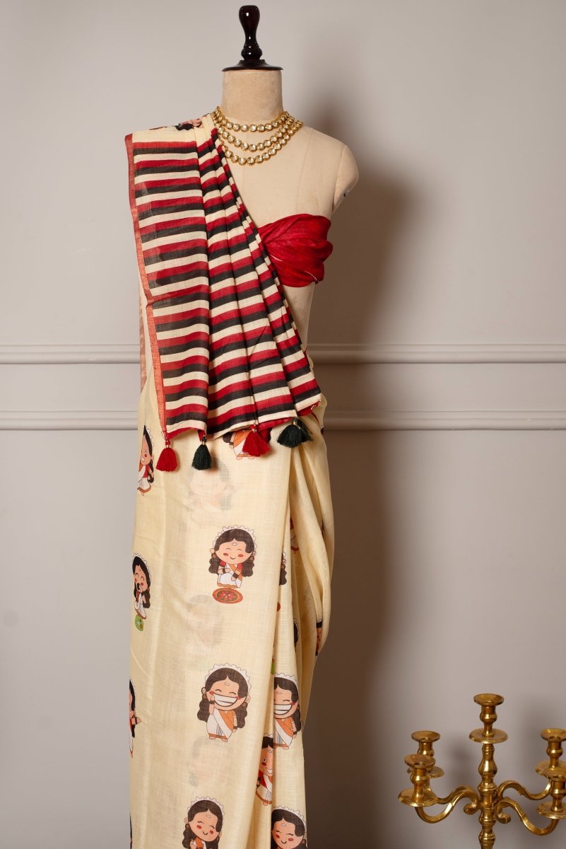 SOOT RAAG LIGHT YELLOW GIRL PRINTED LINEN SAREE WITH RED LINEN BLOUSE PIECE - Pomcha Jaipur
