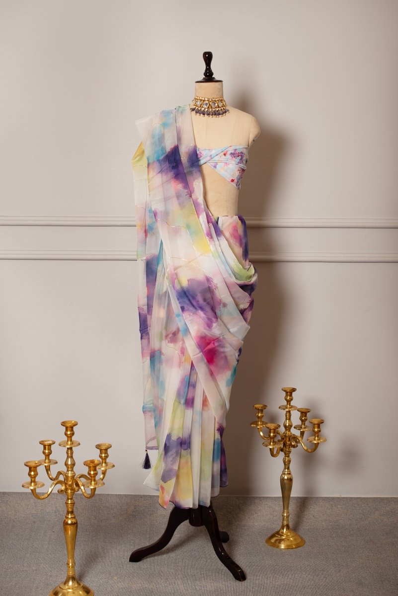 SOOT RAAG MEERA MULTICOLOR ORGANZA SAREE WITH CREPE GEORGETTE BLOUSE - Pomcha Jaipur