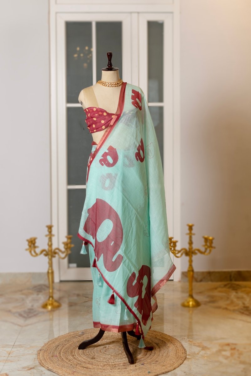 SOOT RAAG MINT GREEN BOLD MOTIFS LINEN SAREE WITH BLOUSE PIECE - Pomcha Jaipur