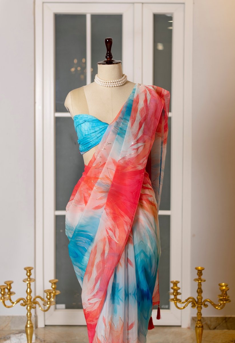 SOOT RAAG MULTICOLOR ABSTRACT PRINT ORGANZA SAREE WITH BLOUSE PIECE - Pomcha Jaipur
