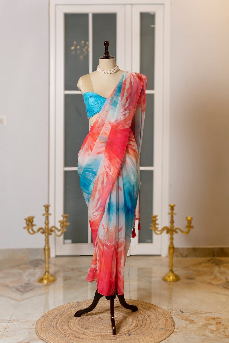 SOOT RAAG MULTICOLOR ABSTRACT PRINT ORGANZA SAREE WITH BLOUSE PIECE - Pomcha Jaipur