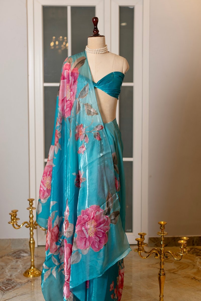 SOOT RAAG NEEL PUSHP SATIN SILK SAREE WITH BLOUSE PIECE - Pomcha Jaipur