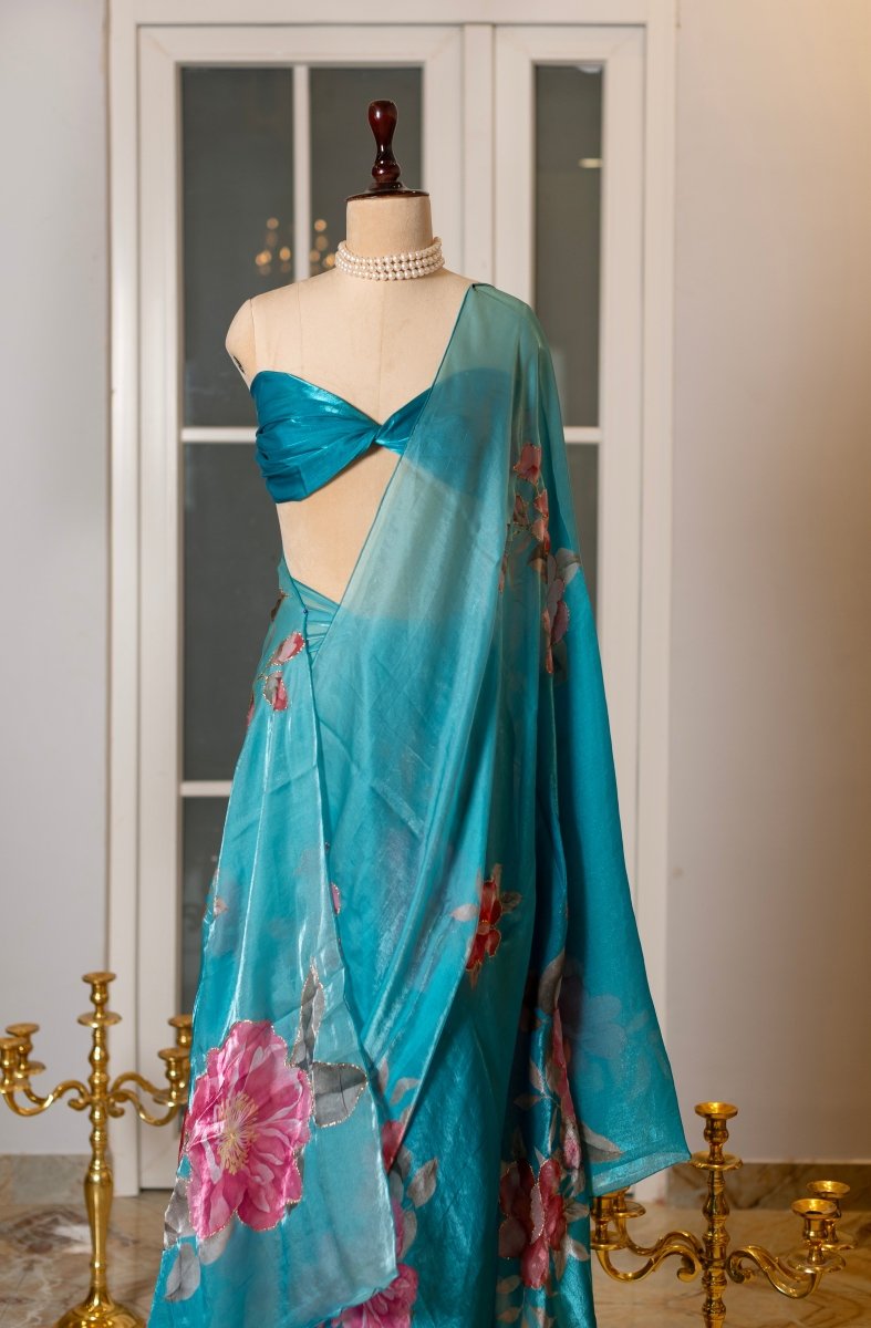 SOOT RAAG NEEL PUSHP SATIN SILK SAREE WITH BLOUSE PIECE - Pomcha Jaipur