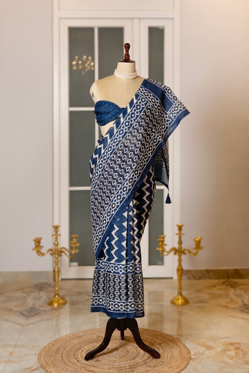 SOOT RAAG NEELAMBARI MUL COTTON SAREE WITH BLOUSE PIECE - Pomcha Jaipur