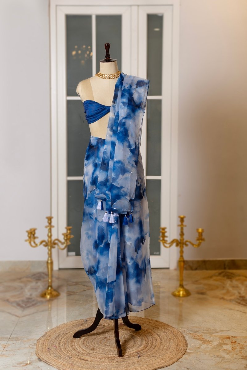 SOOT RAAG OCEAN WAVE ORGANZA SAREE WITH BLOUSE PIECE - Pomcha Jaipur