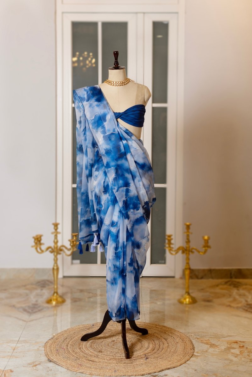 SOOT RAAG OCEAN WAVE ORGANZA SAREE WITH BLOUSE PIECE - Pomcha Jaipur