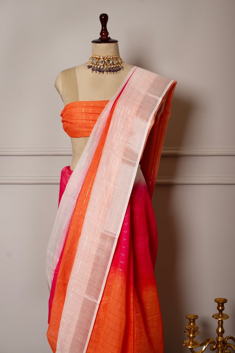 SOOT RAAG ORANGE SHADE SLIVER DAAGA LINEN SAREE WITH LINEN BLOUSE PIECE - Pomcha Jaipur