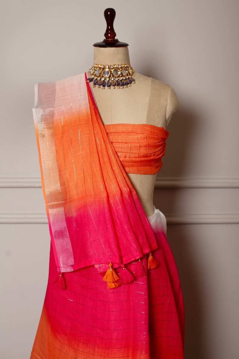 SOOT RAAG ORANGE SHADE SLIVER DAAGA LINEN SAREE WITH LINEN BLOUSE PIECE - Pomcha Jaipur