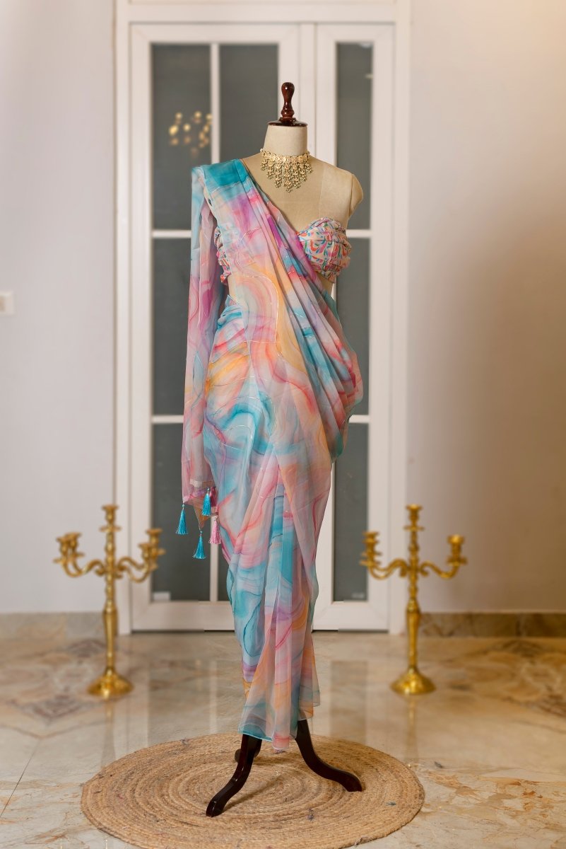 SOOT RAAG ORGANZA UNICORN SHADE SAREE WITH ORGANZA BLOUSE PIECE - Pomcha Jaipur