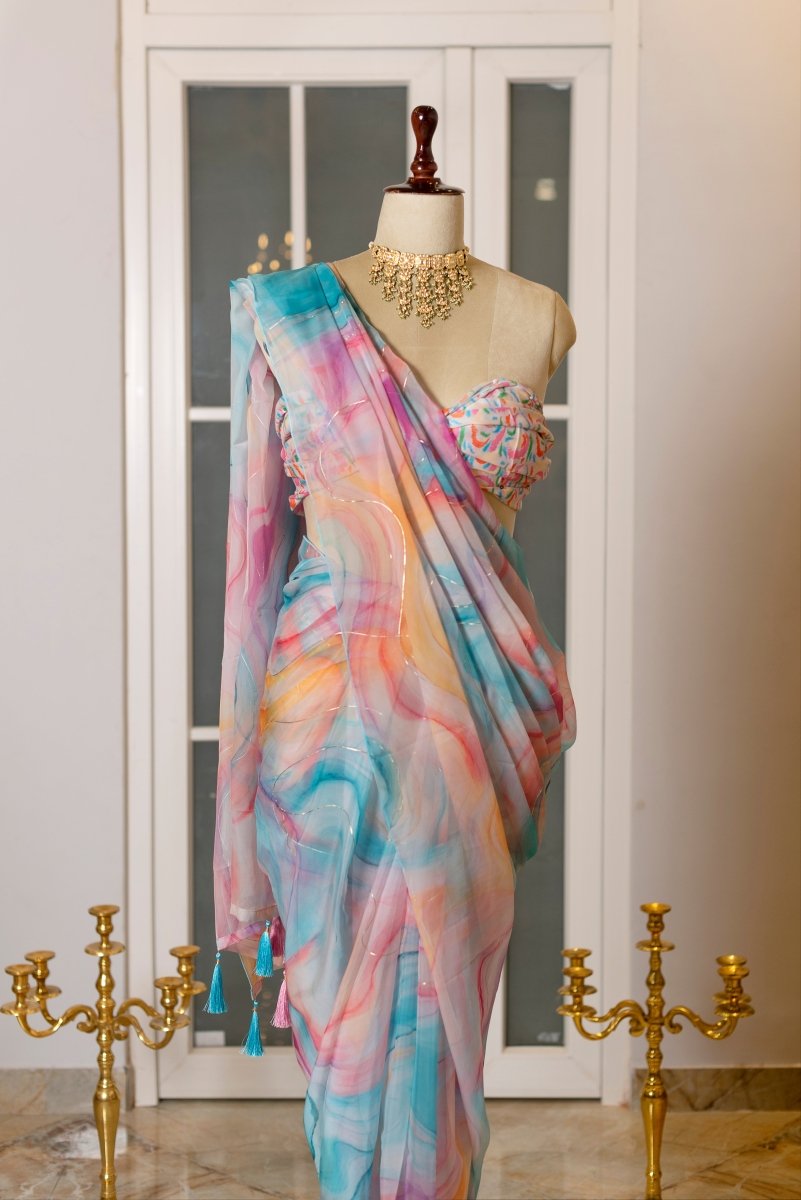SOOT RAAG ORGANZA UNICORN SHADE SAREE WITH ORGANZA BLOUSE PIECE - Pomcha Jaipur
