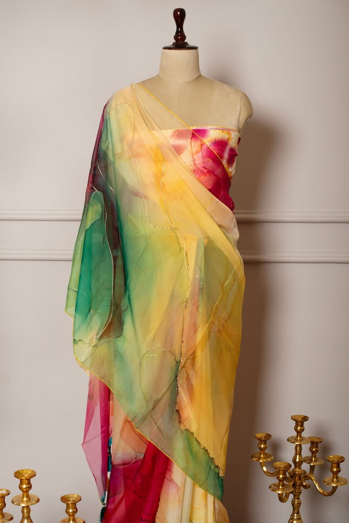 SOOT RAAG PEELA MULTICOLOR ORGANZA SAREE WITH CREPE GEORGETTE BLOUSE - Pomcha Jaipur
