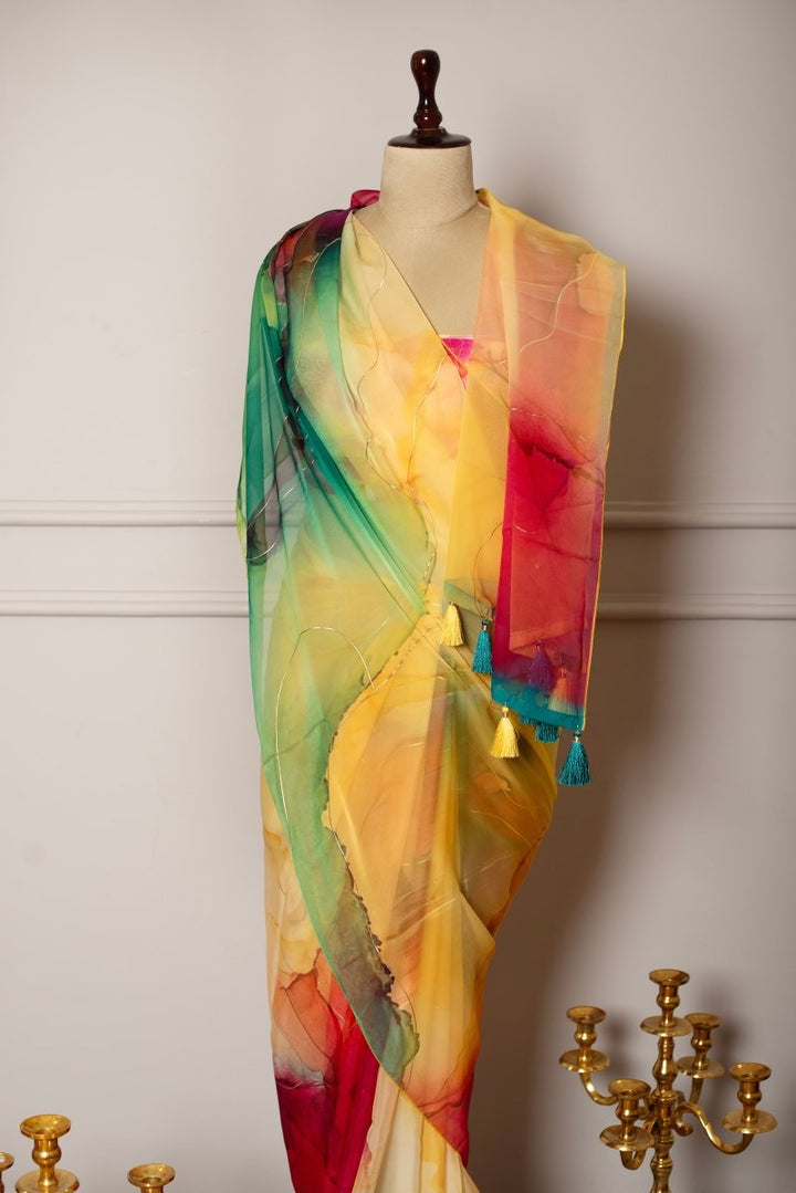 SOOT RAAG PEELA MULTICOLOR ORGANZA SAREE WITH CREPE GEORGETTE BLOUSE - Pomcha Jaipur