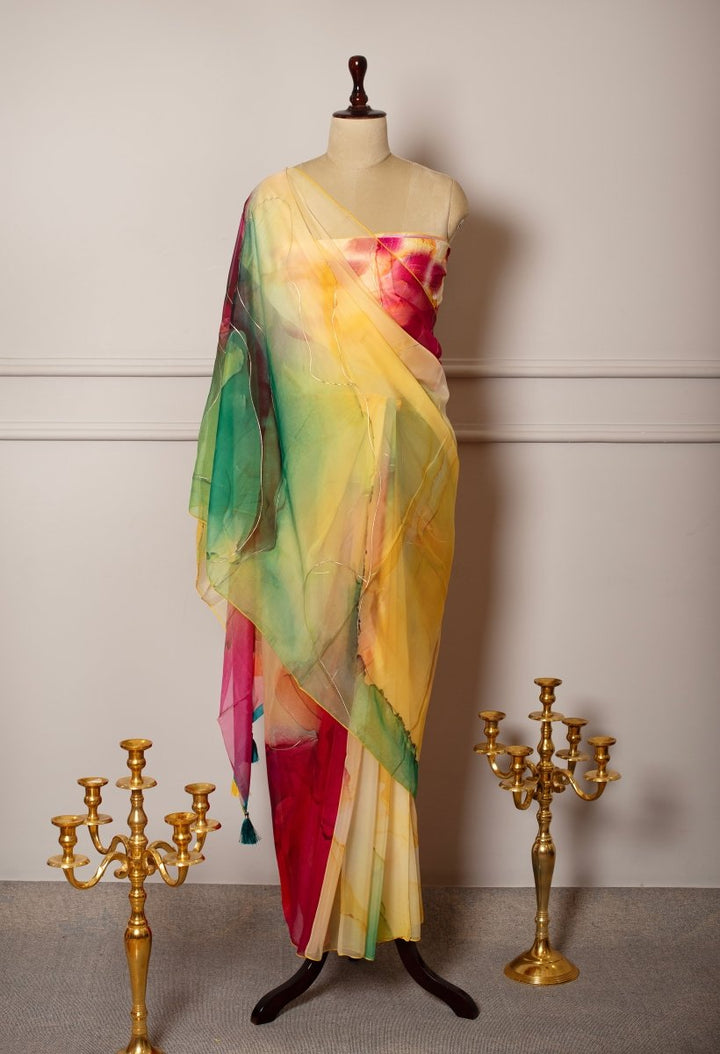 SOOT RAAG PEELA MULTICOLOR ORGANZA SAREE WITH CREPE GEORGETTE BLOUSE - Pomcha Jaipur