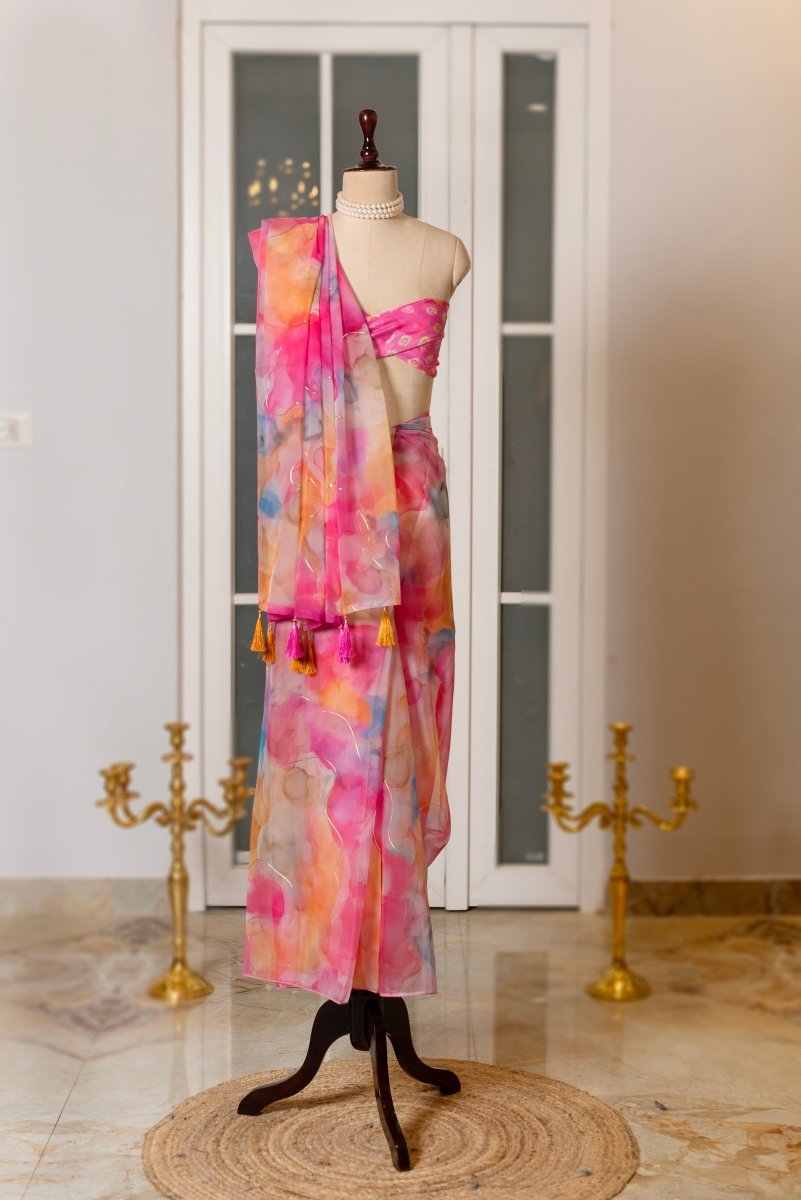 SOOT RAAG PINK PAINTED HUES ORGANZA SAREE WITH BLOUSE PIECE - Pomcha Jaipur