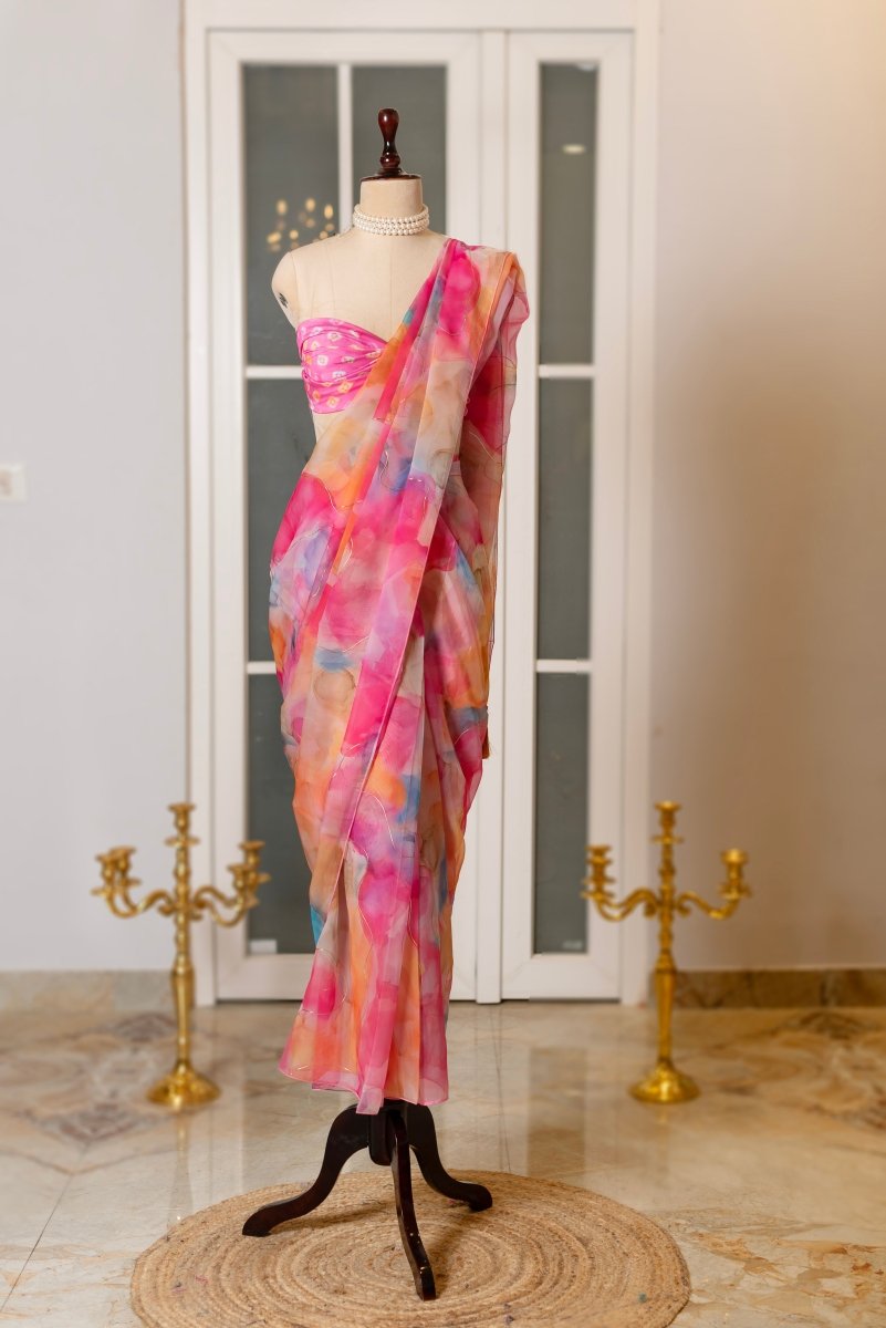 SOOT RAAG PINK PAINTED HUES ORGANZA SAREE WITH BLOUSE PIECE - Pomcha Jaipur