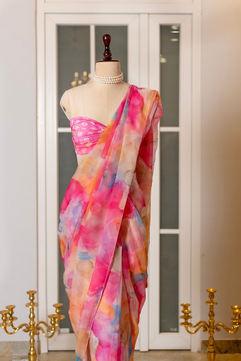 SOOT RAAG PINK PAINTED HUES ORGANZA SAREE WITH BLOUSE PIECE - Pomcha Jaipur