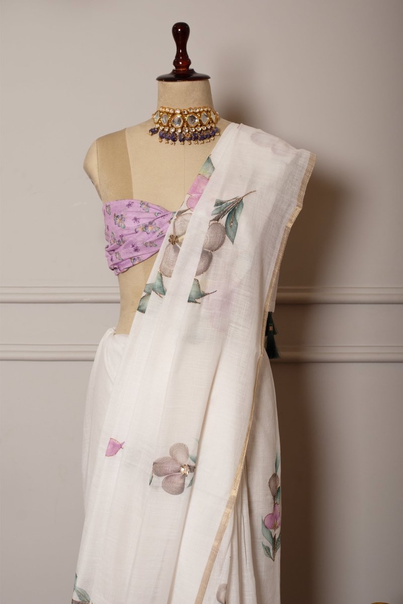 SOOT RAAG PINK PHOOL HAND PAINTED LINEN SAREE WITH LINEN BLOUSE PIECE - Pomcha Jaipur