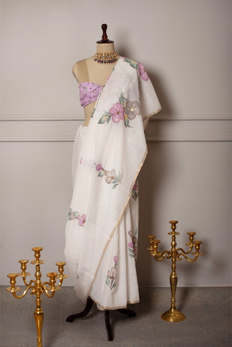 SOOT RAAG PINK PHOOL HAND PAINTED LINEN SAREE WITH LINEN BLOUSE PIECE - Pomcha Jaipur