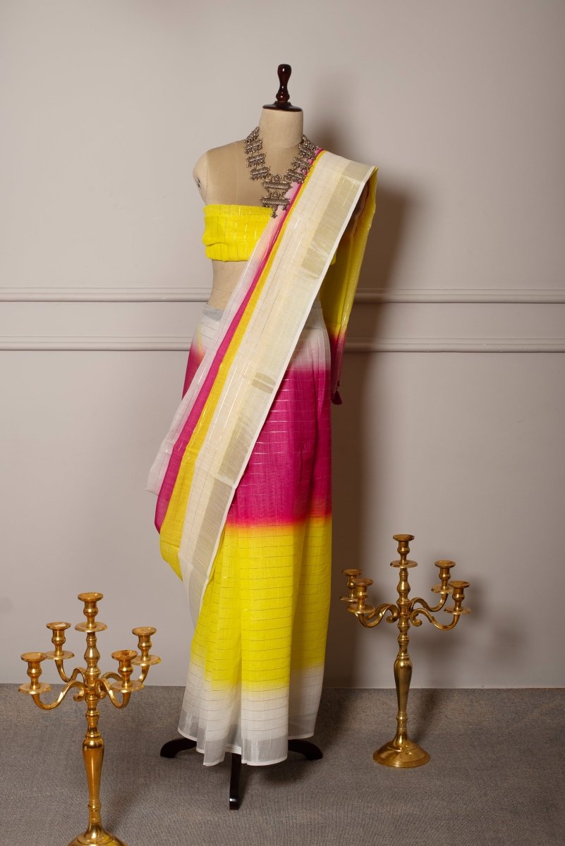 SOOT RAAG PINK YELLOW TONE SILVER DAAGA LINEN SAREE WITH LINEN BLOUSE PIECE - Pomcha Jaipur