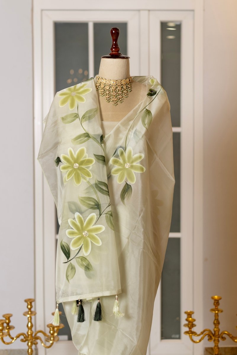 SOOT RAAG PISTACHIO PAINTED PETALS ORGANZA SAREE WITH BLOUSE PIECE - Pomcha Jaipur