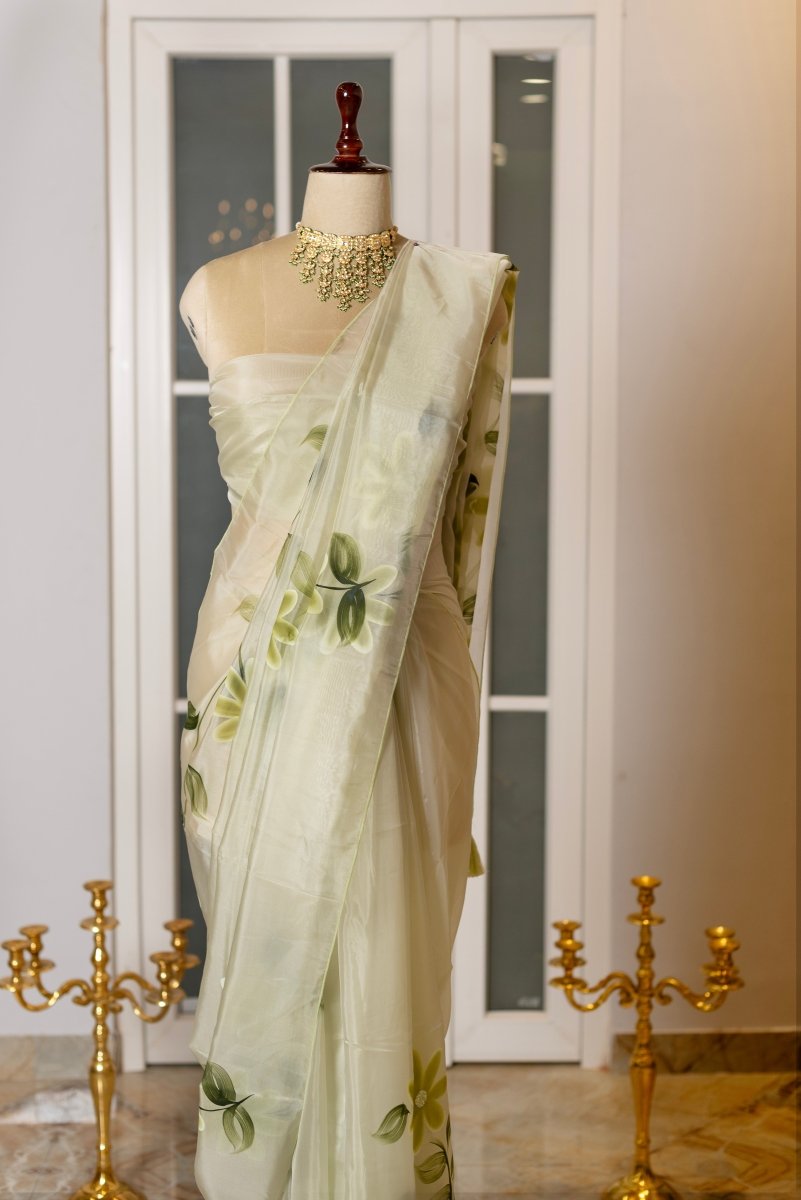 SOOT RAAG PISTACHIO PAINTED PETALS ORGANZA SAREE WITH BLOUSE PIECE - Pomcha Jaipur