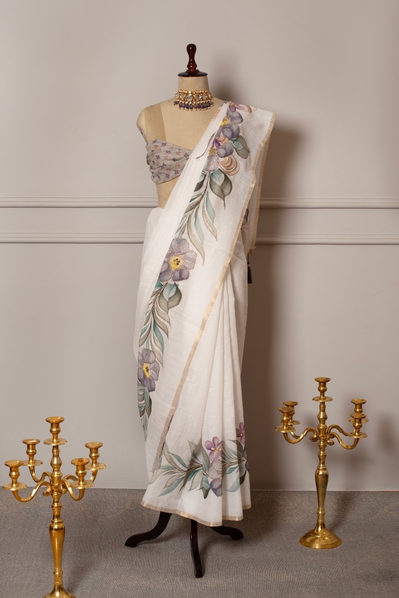 SOOT RAAG RAAT RAANI FLORAL HAND PAINTED ZARI THREAD WORK LINEN SAREE WITH LINEN BLOUSE PIECE - Pomcha Jaipur