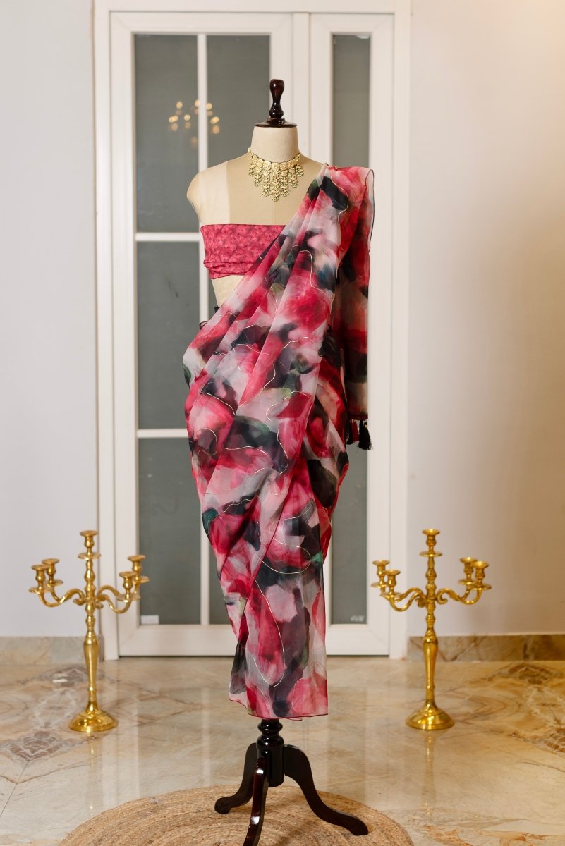 SOOT RAAG RED ABSTRACT FLAME ORGANZA SAREE WITH CREPE GEORGETTE BLOUSE PIECE - Pomcha Jaipur