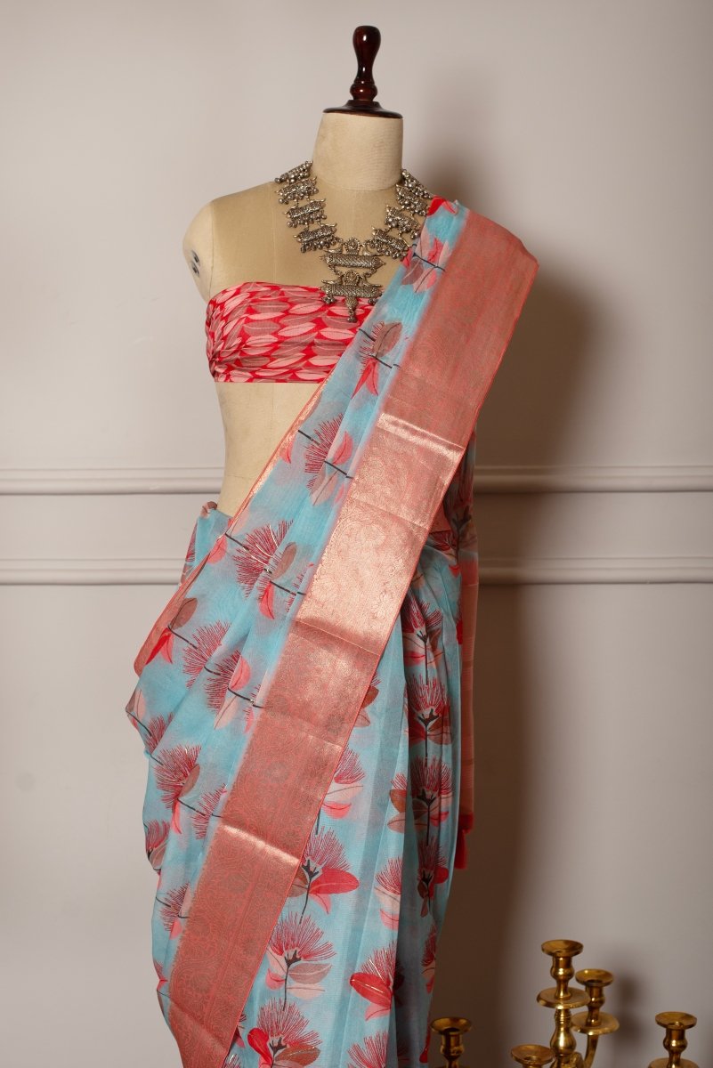 SOOT RAAG SPUN ORGANZA BLUE PRINTED SAREE WITH BLUE RED LINEN BLOUSE PIECE - Pomcha Jaipur