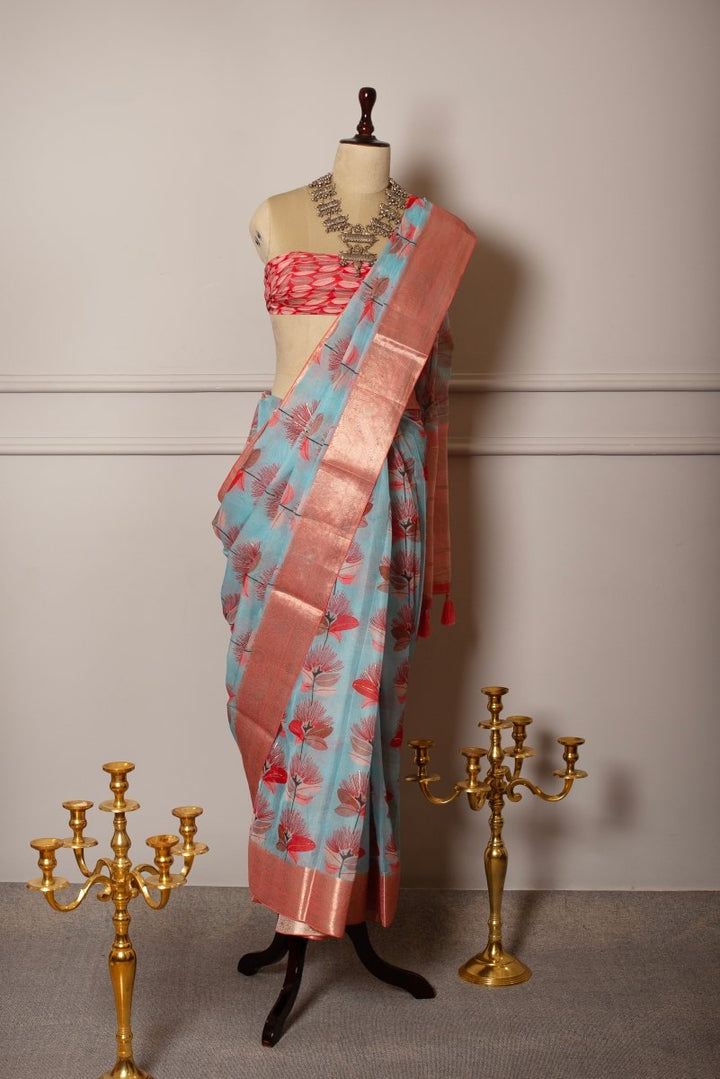 SOOT RAAG SPUN ORGANZA BLUE PRINTED SAREE WITH BLUE RED LINEN BLOUSE PIECE - Pomcha Jaipur