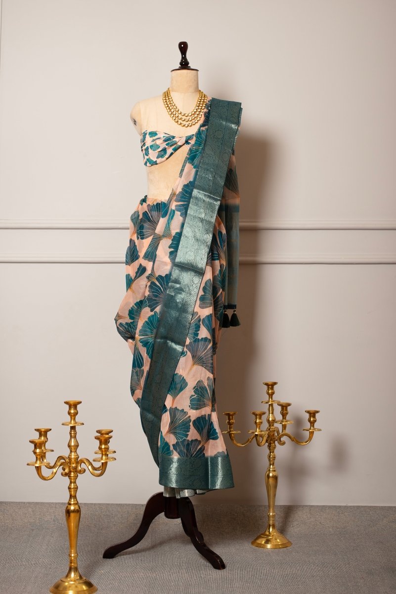 SOOT RAAG SPUN ORGANZA GREEN PRINTED SAREE WITH GREEN BLOUSE PIECE - Pomcha Jaipur
