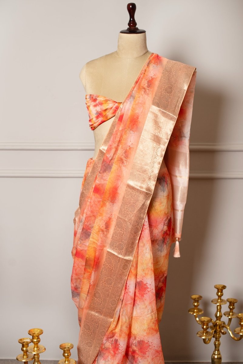 SOOT RAAG SPUN ORGANZA ORANGE FLORAL PRINT SAREE WITH BLOUSE PIECE - Pomcha Jaipur