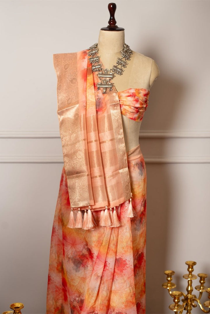 SOOT RAAG SPUN ORGANZA ORANGE FLORAL PRINT SAREE WITH BLOUSE PIECE - Pomcha Jaipur