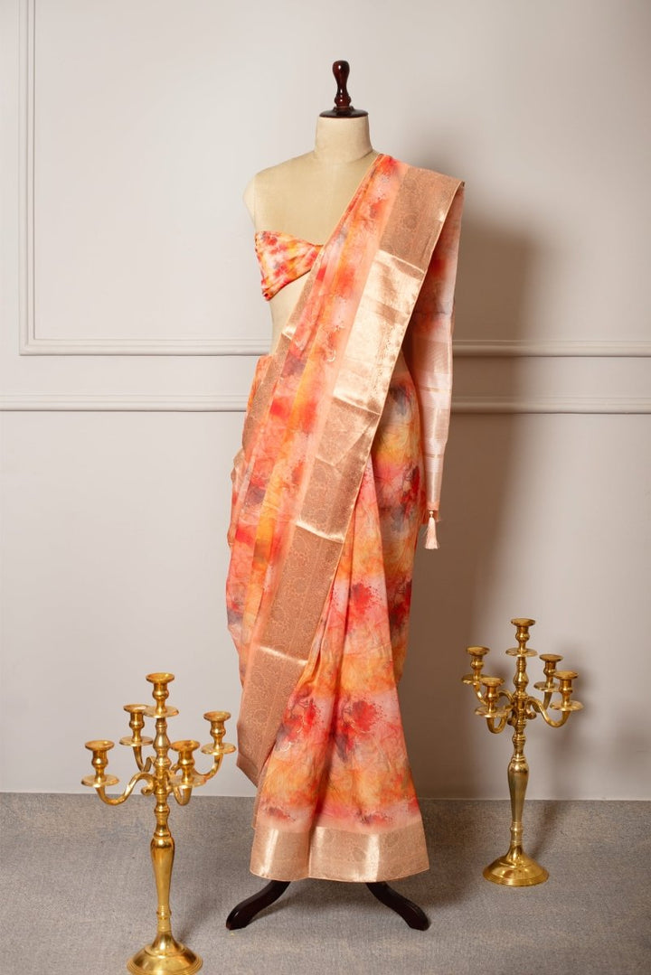 SOOT RAAG SPUN ORGANZA ORANGE FLORAL PRINT SAREE WITH BLOUSE PIECE - Pomcha Jaipur