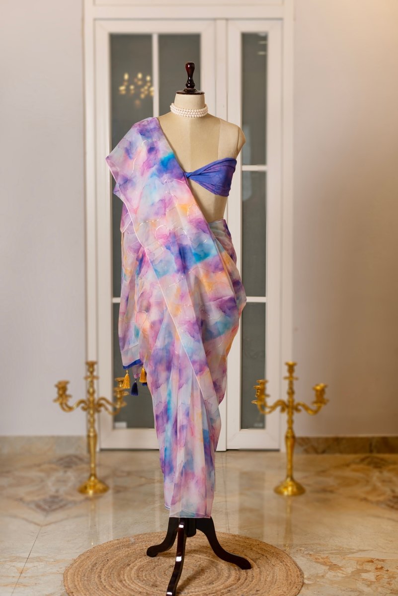 SOOT RAAG VIOLET GALAXY ORGANZA SAREE WITH BLOUSE PIECE - Pomcha Jaipur