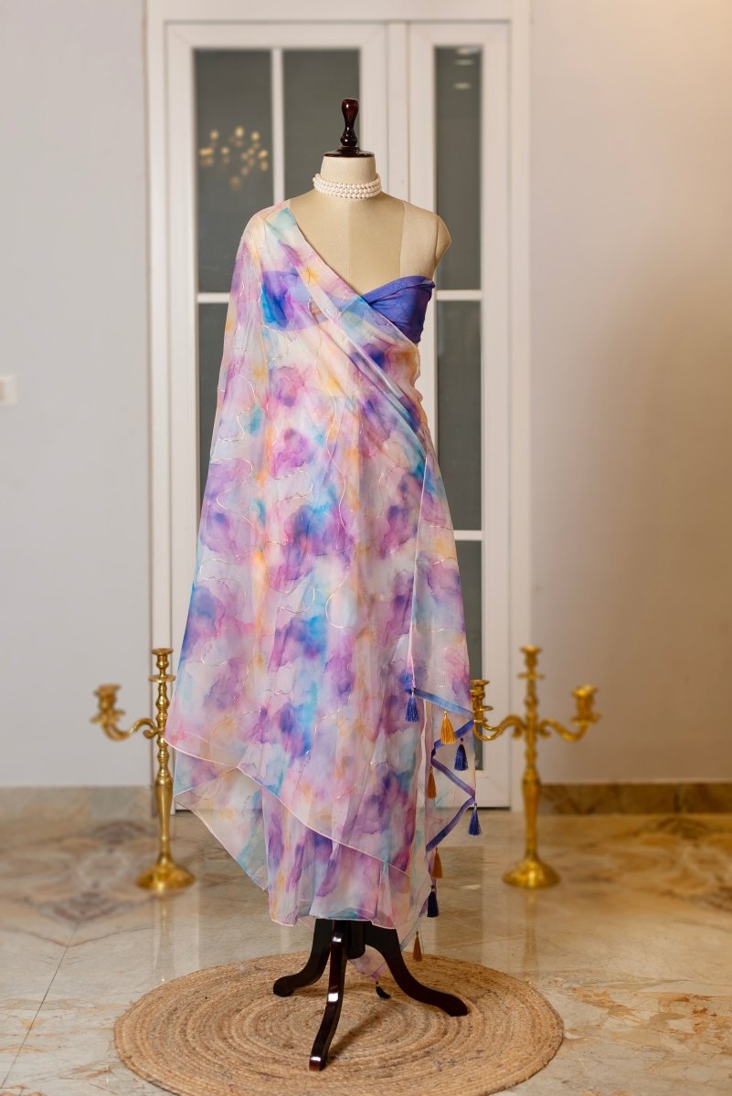SOOT RAAG VIOLET GALAXY ORGANZA SAREE WITH BLOUSE PIECE - Pomcha Jaipur