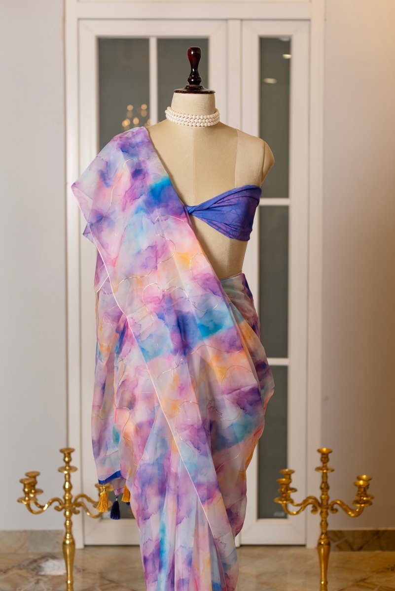 SOOT RAAG VIOLET GALAXY ORGANZA SAREE WITH BLOUSE PIECE - Pomcha Jaipur