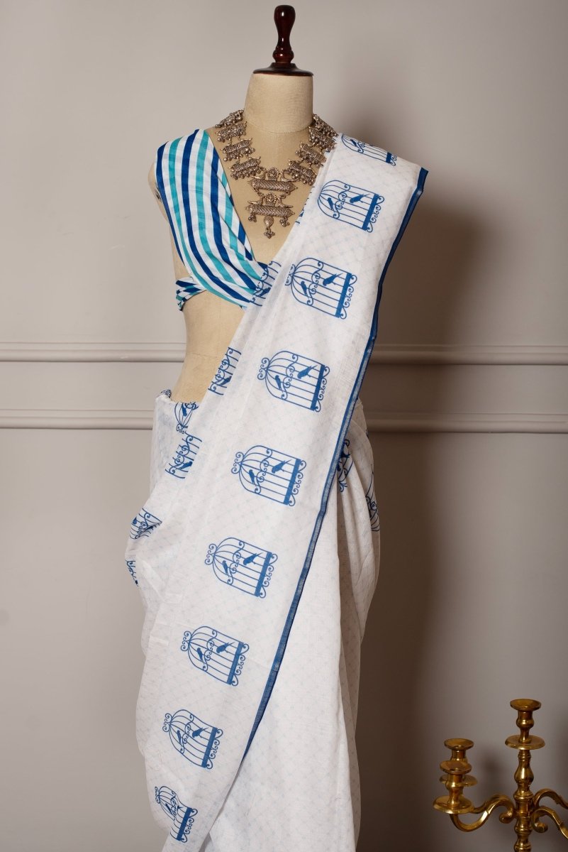 SOOT RAAG WHITE BLUE PRINTED LINEN SAREE WITH BLUE PRINTED LINEN BLOUSE PIECE - Pomcha Jaipur