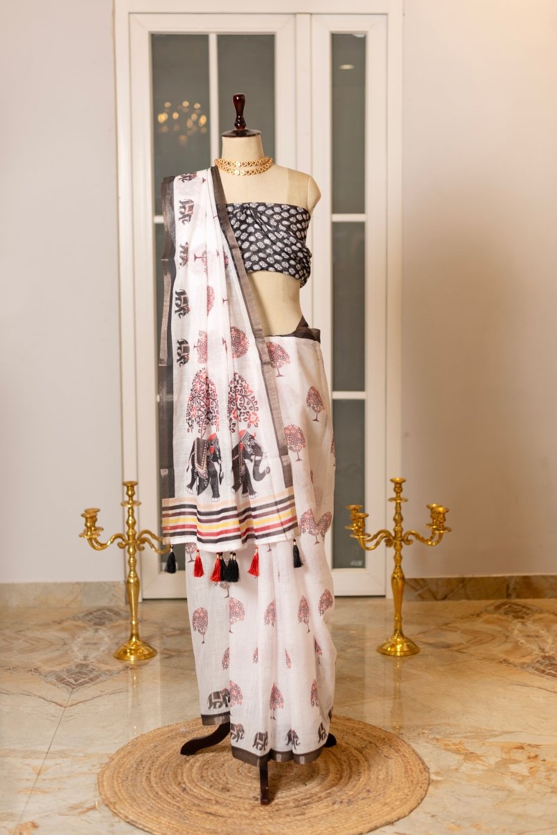 SOOT RAAG WHITE LINEN BLOCK PRINTED SAREE WITH BLOUSE PIECE - Pomcha Jaipur