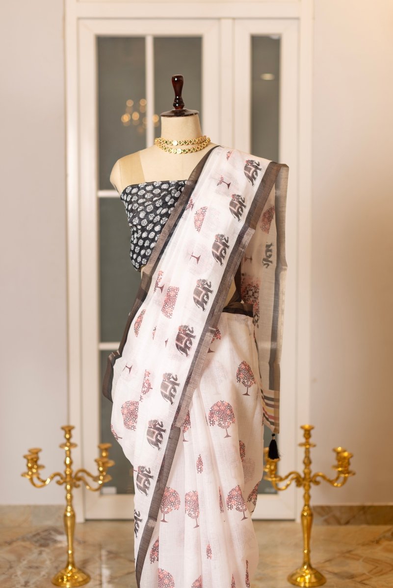 SOOT RAAG WHITE LINEN BLOCK PRINTED SAREE WITH BLOUSE PIECE - Pomcha Jaipur