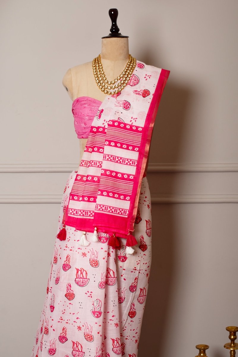 SOOT RAAG WHITE PINK PRINTED LINEN SAREE WITH PINK PRINTED BLOUSE PIECE - Pomcha Jaipur