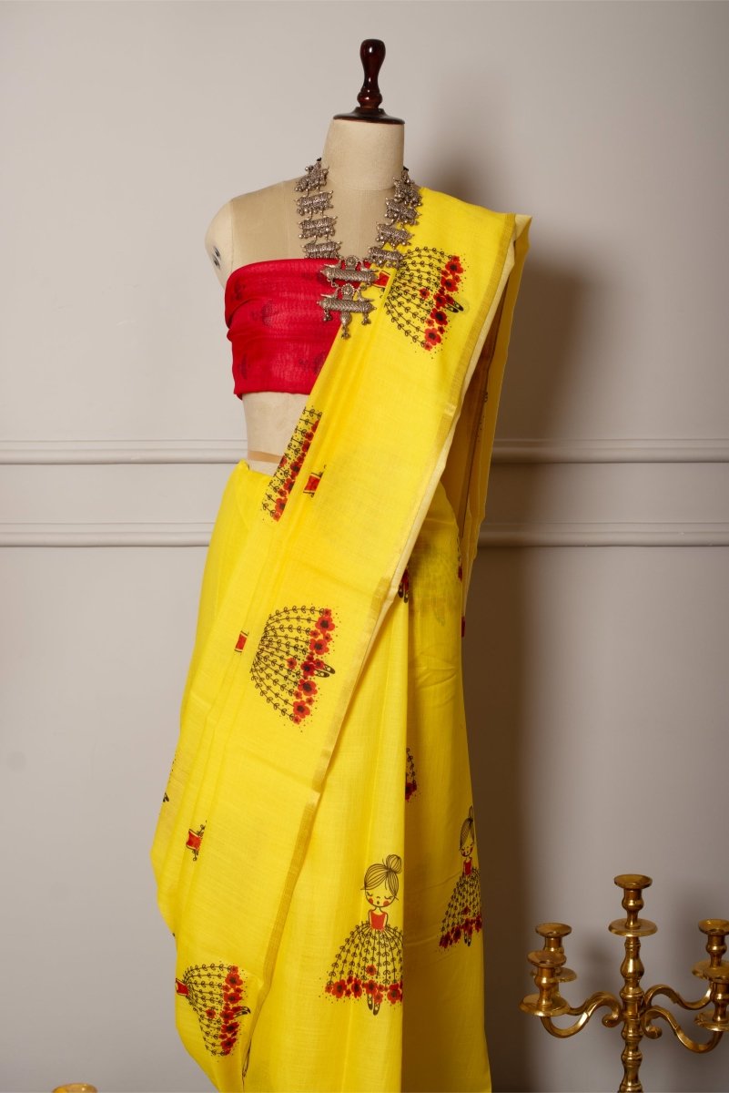 SOOT RAAG YELLOW GIRL PRINT LINEN SAREE WITH RED LINEN BLOUSE PIECE - Pomcha Jaipur