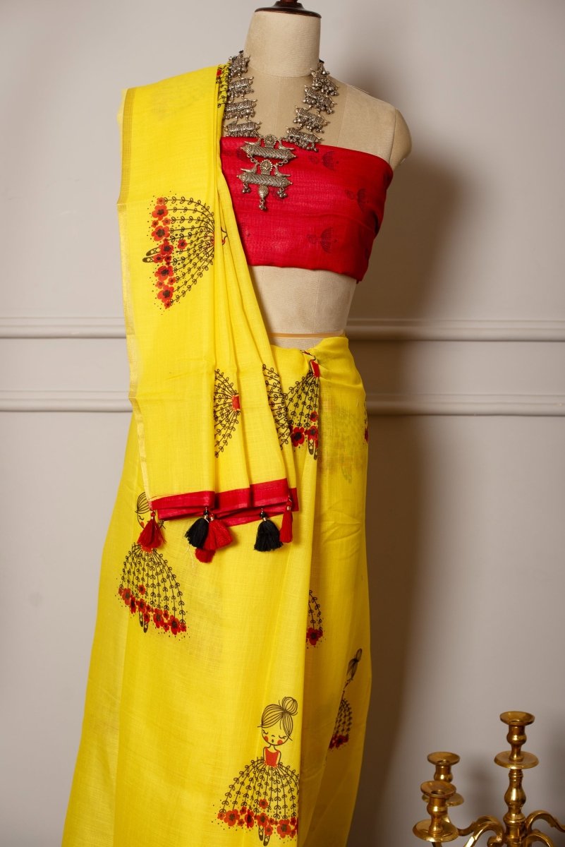 SOOT RAAG YELLOW GIRL PRINT LINEN SAREE WITH RED LINEN BLOUSE PIECE - Pomcha Jaipur