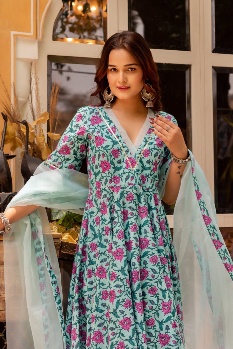 SUHNARI BLUE COTTON HAND BLOCK ANARKALI WITH ORGANZA DUPATTA - Pomcha Jaipur
